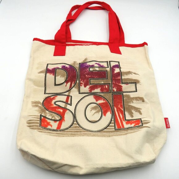 Del Sol Color Changing Canvas 17" Tote Bag Red Handles Palm Tree Design - Picture 1 of 6